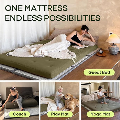 ZonLi Japanese Floor Futon Mattress King Size 76"x 80",100% Cotton Cover 4'' Thicken Tatami Mattress,Foldable Sleeping Pad,Portable Dormitory Tatami Mat(Winter Moss)