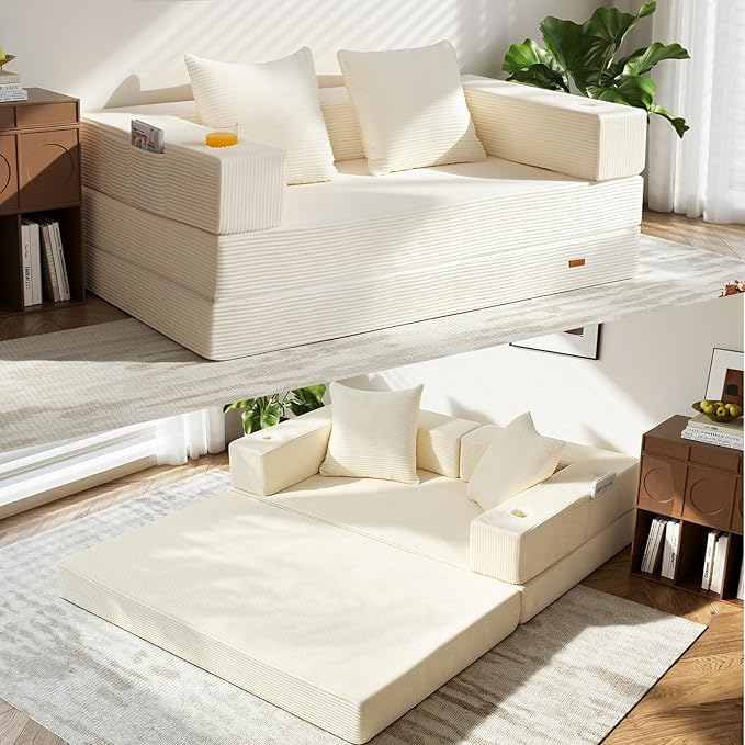 COMAX Futon Sofa Bed, Convertible Sofa Bed, Folding Boneless Couches | Boneless Couch for living room, 4‑in‑1 Fold Out Small Foldable Loveseat Floor Sleeper Mattress Lounge Space‑Saving, Beige