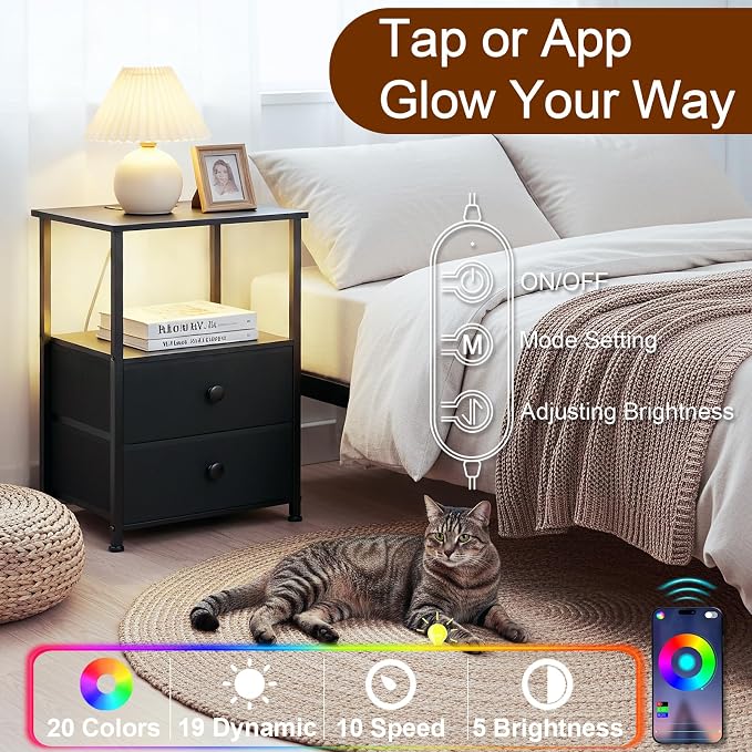 LOAKEKEL Night Stand Set 2, LED Nightstand with Charging Station, End Tables with Storage Shelf, Bed Side Table with 2 Fabric Drawers for Bedroom, Small Spaces, Black, HETS02BK