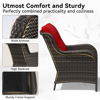 3-Piece Outdoor Couch Set, 1 Wicker Patio Loveseat with Thickened Olefin Cushions, High Back and Deep Seating, Hand-Woven PE Rattan and 2 Ottomans, Patio Conversation Set for Porch, Deck