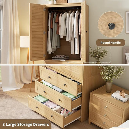 Garvee 70" Wardrobe Armoire Wooden Closet with 2 Doors and 3 Drawers, Bedroom Armoire with Hanging Rod Shelf, Large Capacity Storage Wardrobe Armoire, Freestanding Wooden Closet Storage Cabinet