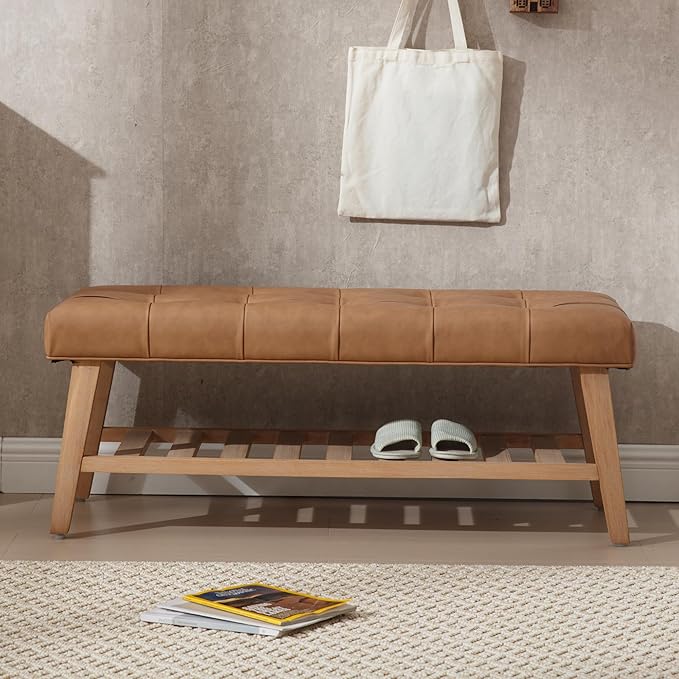 Kmax Entryway Bench with Shoe Storage, Leather Upholstered Wood Storage Bench for Living Room Window Bench for Bedroom End of Bed - PU, Brown