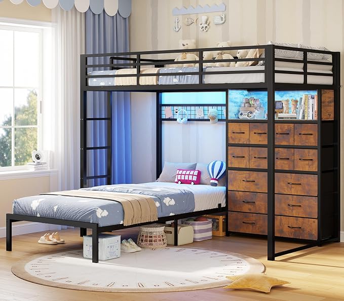 BTHFST Bunk Bed Twin Over Twin with 14 Storage Drawers & Bookshelf, Twin Bunk Beds with RGB LED Lights & Metal Grid Panel, Metal Bunk Beds with Safety Guardrails & Ladder for Kids, Rustic Brown