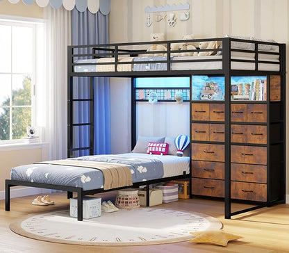 BTHFST Bunk Bed Twin Over Twin with 14 Storage Drawers & Bookshelf, Twin Bunk Beds with RGB LED Lights & Metal Grid Panel, Metal Bunk Beds with Safety Guardrails & Ladder for Kids, Rustic Brown