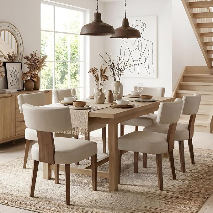HNY Mid Century Modern Dining Chairs Set of 6, Farmhouse PU Leather Upholstered Accent Chair Curved Backrest Kitchen Chairs, with Hardwood Frame, Grey