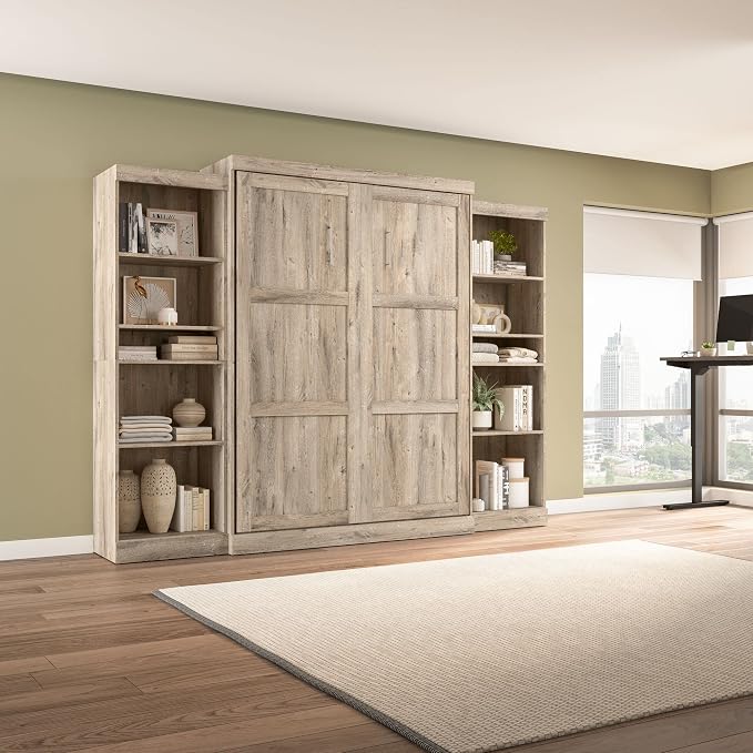 Bestar Pur Queen Murphy 2 Shelving Units, 115-inch Space-Saving Wall Bed with Storage, Rustic Brown