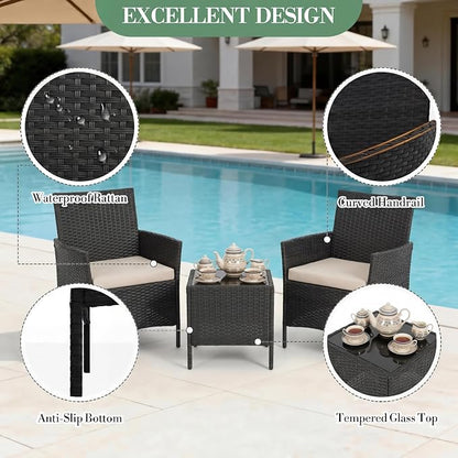 3 Piece Patio Furniture Set, Outdoor Patio Wicker Sofa Set with Upholstery and Glass Storage Coffee Table, All Weather Conversation Rattan Set for Garden, Porch, Lawn, Pool, Black+White