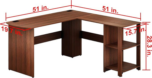 SHW 51 x 51 Inches L-Shaped Home Office Wood Corner Desk wtih Storage, Walnut