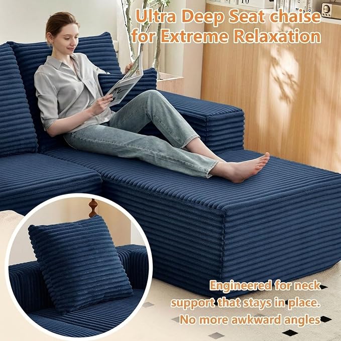 Sectional Couches for Living Room Cloud Couch Sofa with L-Shape Couch in a Box Upholstered Boneless Couchs Modern Modular Sectional Couch with Chaise (Blue,B-3 Seater-Right-Facing Chaise-96 inch)
