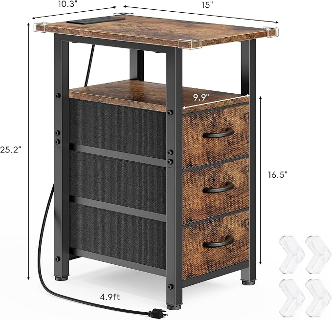 Vagusicc End Table with Charging Station, Narrow Side Table, Narrow Nightstand with 3 Fabric Drawers, Slim Sofa Side Table for Small Spaces, Small Night Stand for Bedroom, Rustic Brown