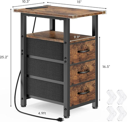 Vagusicc End Table with Charging Station, Narrow Side Table, Narrow Nightstand with 3 Fabric Drawers, Slim Sofa Side Table for Small Spaces, Small Night Stand for Bedroom, Rustic Brown