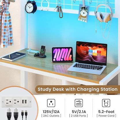 DICTAC Twin Over Twin Bunk Bed with Desk,Led Lights and Charging Station Metal L-Shaped Bunk Beds with Storage Drawers and Shelves, Loft Bed with Safety Guardrail and Ladder for Kids and Teen,White