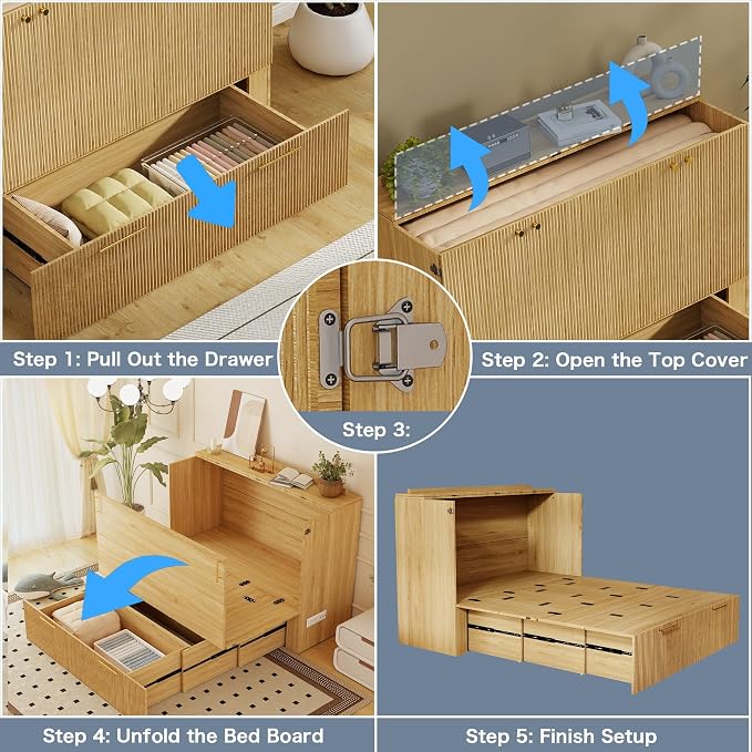 Full Size Murphy Bed Cabinet: Oak Cabinet Bed with Charging Station, Wood Murphy Cabinet with Large Drawers for Guest Room, Living Room and Office