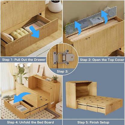 Full Size Murphy Bed Cabinet: Oak Cabinet Bed with Charging Station, Wood Murphy Cabinet with Large Drawers for Guest Room, Living Room and Office