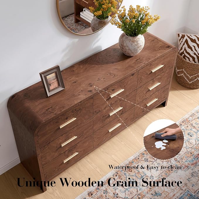 Curved 9 Drawer Dresser for Bedroom, 63'' Wide Chest of Drawers, Farmhouse Storage Cabinet for Hallway & Living Room TV Stand, FSC Certified 1.18" Thick Board, 100 lbs Top Weight, Dark Burl