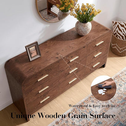 Curved 9 Drawer Dresser for Bedroom, 63'' Wide Chest of Drawers, Farmhouse Storage Cabinet for Hallway & Living Room TV Stand, FSC Certified 1.18" Thick Board, 100 lbs Top Weight, Dark Burl
