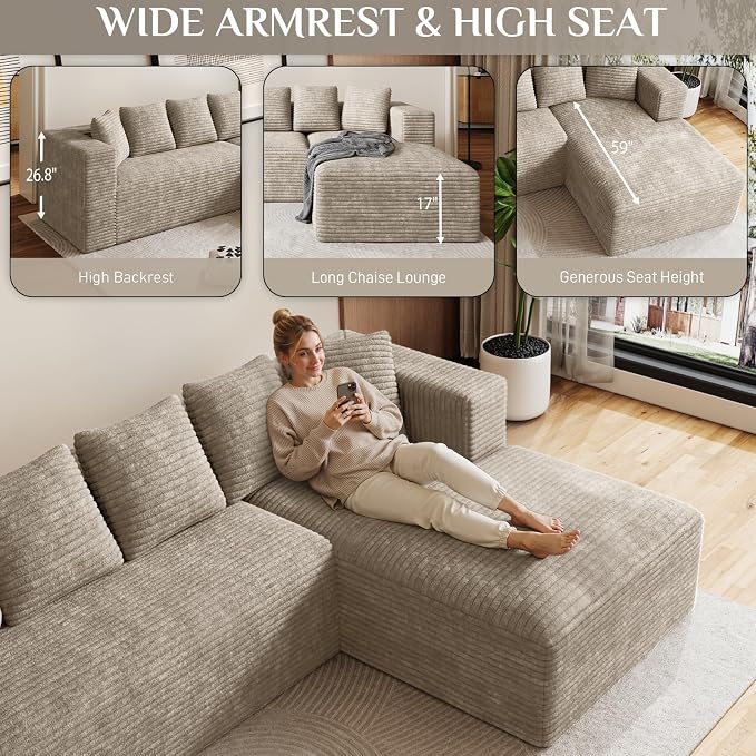 Oversized L Shaped Boneless Sectional Couches for Living Room, 107" Comfy Fluffy Cloud Modular Sectional Sofa, Plush Corduroy Memory Foam Floor Sofa with Right Facing Chaise Couch