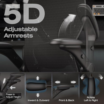 ELABEST X100 Ergonomic Mesh Office Chair with Footrest, Big and Tall Home Desk Chair with 5D Flip-Up Arms, Adjustable 3D Lumbar Support, Gaming & Executive Computer Chair, Night Reaper