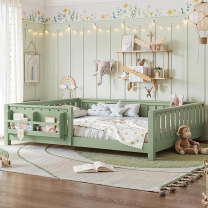 Bellemave Queen Size Floor Bed with Slats and Safety Guardrail, Queen Size Montessori Floor Bed with Fence and Built-in Bookshelf, Easy Assemble Montessori Beds for Girls, Boys, Avocado Green