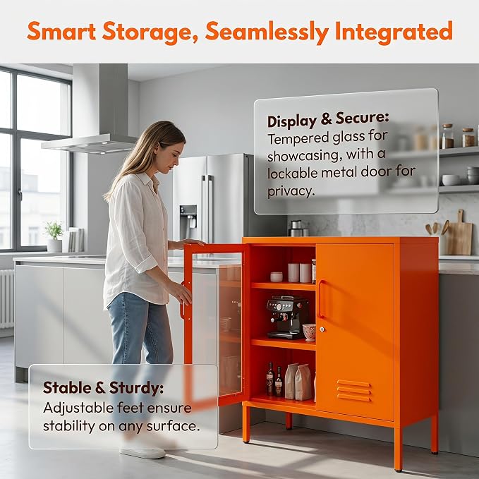 Storage Cabinet with Adjustable Shelves for Bathroom Living Room Foyer Kitchen Left Glass Door and Right Iron Door Orange Size：33" H x 29.5" W x 13.8" D
