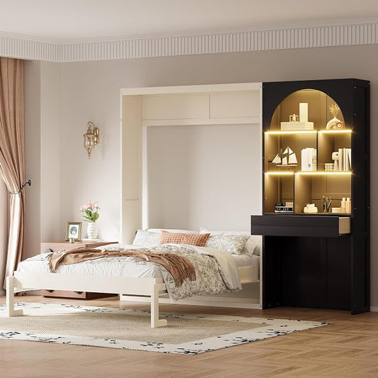 Merax Farmhouse Multi-Functional Murphy Bed with Cabinets & a Drawer,Black | Queen Size Solid Wood Foldable Wall Bed with Upholstered Headboard / No Box Spring Needed / Space Saving