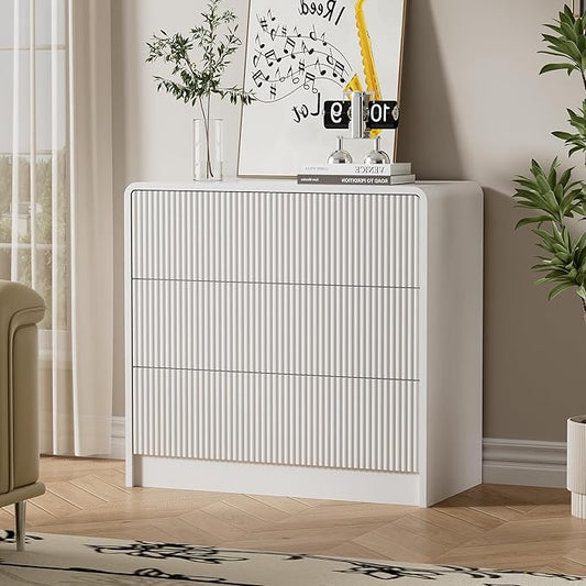 Furniway White 3 Drawer Dresser, 32" Wide Wood Chest of Drawers with Curved Design, Modern Fluted Dresser with Push-to-Open Storage for Bedroom