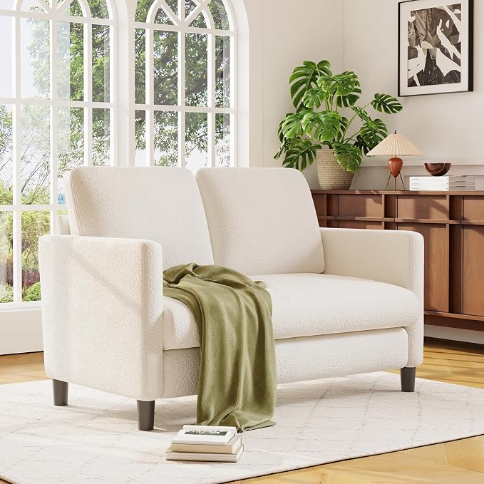 Welzona Loveseat, 51" Small Couch, Comfy Teddy Love Seat for Living Room, Tool-Free Setup Loveseat Sofa for Small Spaces, All-Wood Small Sofa Couch for Bedroom, Beige