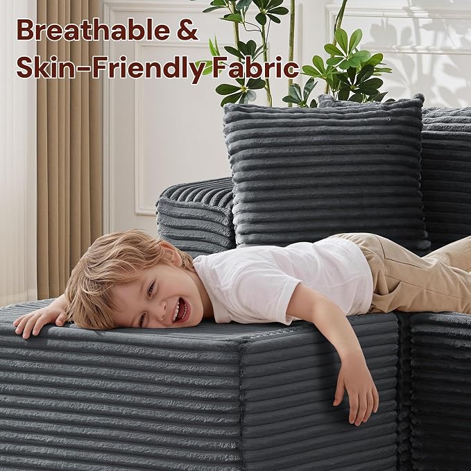 Korser Boneless Couches for Living Room, Cloud Couch Sectional with Ottoman, L-Shaped Sofa with Fluffy Comfy Corduroy Deep Seat, Bedroom, Apartment, No Assembly Required