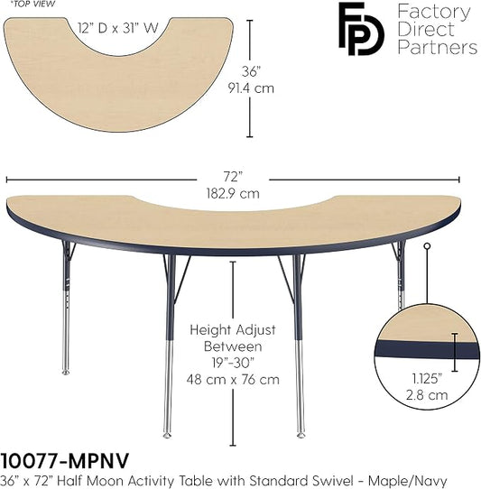 FDP Half Moon Activity School and Office Table (36 x 72 inch), Standard Legs with Swivel Glides for Collaborative Seating Environments, Adjustable Height 19-30 inches - Maple Top and Navy Edge