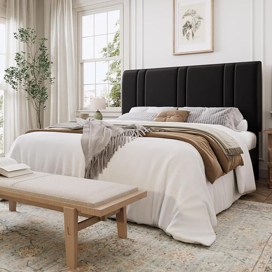 SHA CERLIN Full Size Platform Bed Frame, Velvet Upholstered Bed with Adjustable Headboard, Vertical Channel Tufted Design, Sturdy Wood Slat Support, No Box Spring Needed, Easy Assembly, Black