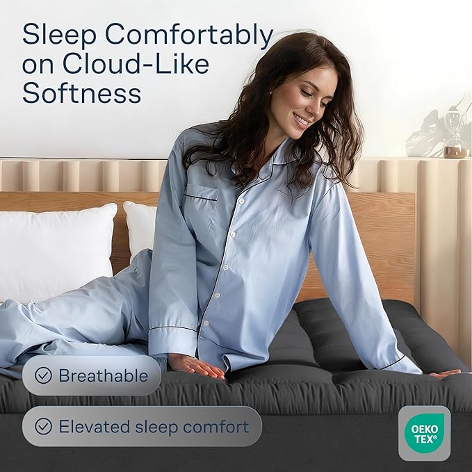 Niagara Sleep Solution Cloud-Like Queen Non-Slip Mattress Topper - 100% Cotton Top Mattress Pad for Back Pain Relief - Extra-Grip, Breathable & Naturally Cooling for Hot Sleepers, Dark Gray