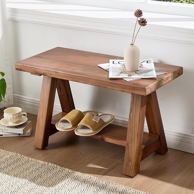 Solid Wood Entryway Bench, 30" Rustic Small Storage Bench 2-Tier Farmhouse Wooden Bench with Shelf Narrow Bench Seat Indoor for Entryway, Living Room, Dining Room, Hallway, Walnut
