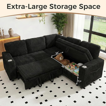 Sectional Sleeper Sofa with Pull Out Bed, 5-Seat L-Shaped, Black | Plush Corduroy Modular Couch with Hidden Storage, USB Charging & Cup Holders, Cozy Small Sectional Couches for Living Room.