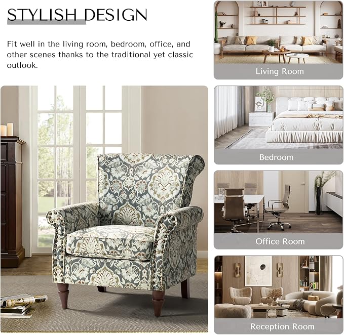 HULALA HOME Modern Wingback Accent Chair with Wood Legs & Removable Cushion, Comfy Upholstered Armchair with Nailhead Trim, Floral Pattern Single Sofa Chair for Living Room Bedroom, Pine