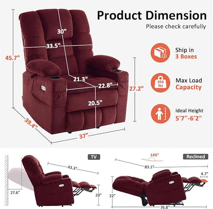 MCombo Triple Motor Lay Flat Power Lift Recliner Chair for Tall Elderly, Infinite Position, Massage, Dual Heating, Adjustable Headrest, Fabric 7634 (Burgundy, Large)