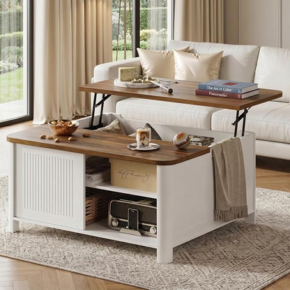 Decofy Lift Top Coffee Table with Storage Mid Century Modern Square Coffee Tables for Living Room, Large Hidden Storage Compartment, Adjustable Shelves & Sliding Door