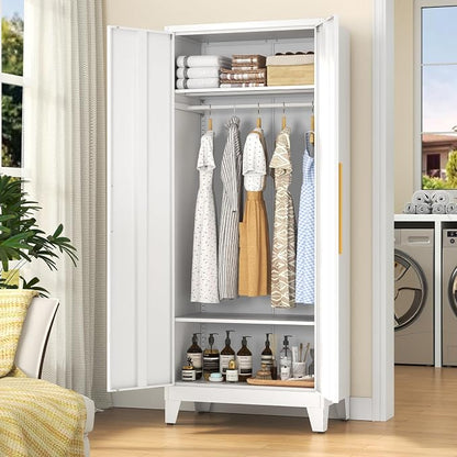 72" Tall Metal Armoire Wardrobe Closet - Large Clothing Storage Cabinet with 1 Hanging Rod,2 Adjustable Shelves & 2 Doors - Closet Organizer for Bedroom,Office, Laundry Room, Garage - White