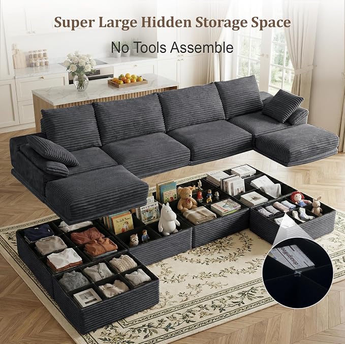 142" Modular U-Shaped Sectional Sofa with Storage, 4-Seat Corduroy Boneless Couch, 27" Deep Seat Cloud Couch & 2 Movable Ottoman, Tool-Free Assembly, Couch for Living Room, Grey