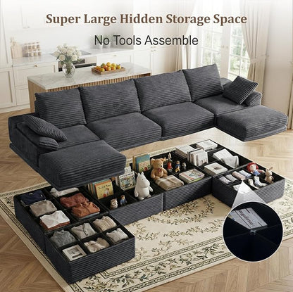 142" Modular U-Shaped Sectional Sofa with Storage, 4-Seat Corduroy Boneless Couch, 27" Deep Seat Cloud Couch & 2 Movable Ottoman, Tool-Free Assembly, Couch for Living Room, Grey