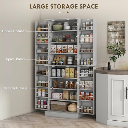 HOMCOM 65" Kitchen Pantry Storage Cabinet, Freestanding Kitchen Cabinet with 16 Door Shelves, Double Doors, 8-Tier Shelving and Adjustable Shelves, Gray
