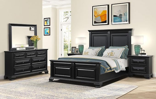 Roundhill Furniture Renova Vintage Black Wood Bedroom Set, Queen Panel Bed, Dresser, Mirror, Two Nightstands