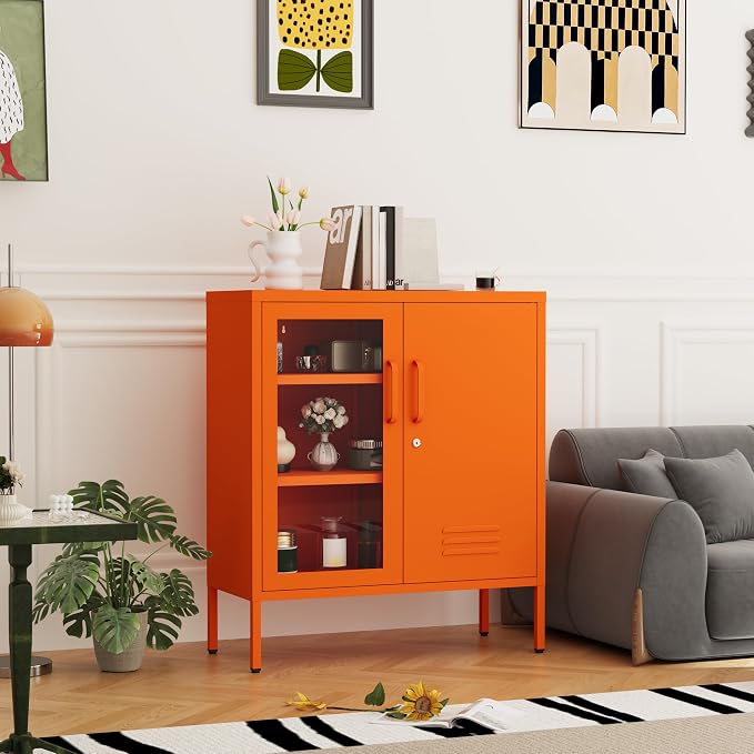 Metal Cabinet Metal Bathroom Storage Cabinet Metal Storage Cabinets with Glass Door and Adjustable Shelves Cabinet Storage for Coffee Bar for Homes, Living Rooms and Offices Orange 33''H