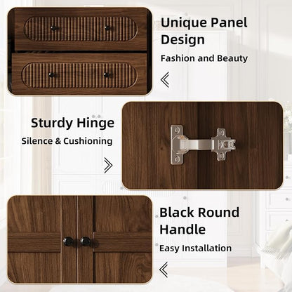 TOKSOM 4 Doors Freestanding Armoire Wardrobe Closet, 72" Walnut Wardrobe Armoire Wooden Closet Large Capacity Storage with 3 Drawers & 3 Hanging Rod Shelves Clothes Organizer