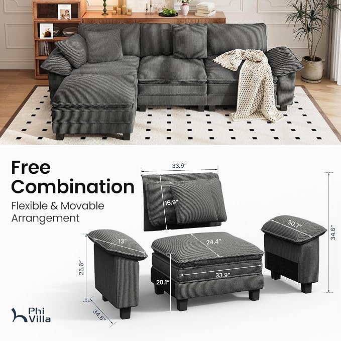 PHI VILLA Cloud Modular Couch Sets, 123.6" Sectional Sofa with L-Shaped Chaise, 4-Seater Upholstered Couches with MCorduroyovable Ottoman for Living Room, Corduroy Fabric, Grey