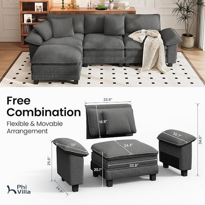 PHI VILLA Cloud Modular Couch Sets, 123.6" Sectional Sofa with L-Shaped Chaise, 4-Seater Upholstered Couches with MCorduroyovable Ottoman for Living Room, Corduroy Fabric, Grey