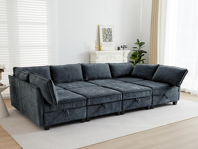 ORRD Oversize Sleeper Modular Sectional Sofa Set, Convertible Couch Bed with Storage, 8 Seater Sofa Modular for Living Room, Office (Blue Grey)