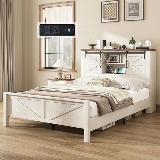 AMERLIFE 4-Piece Farmhouse Bedroom Set in Distressed White, Full Size Bed Frame with Bookcase Headboard, 5-Drawer Tall Dresser, 47'' Dresser with 4 Drawers, 60" Dresser with 4 Drawers
