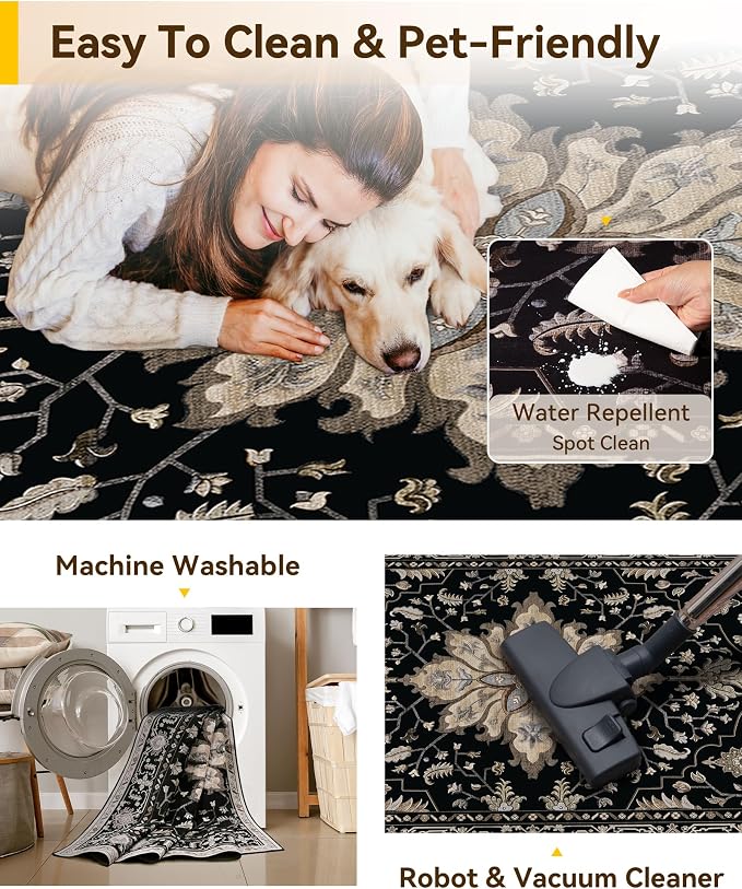 RELEANY Area Rugs Runner 3'x12' Washable Non-Slip, Floral Vintage Distress Medallion Carpet for Kitchen Hallway Bedroom Beside Laundry Room Bathroom, Black Brown Neutral Dark Tan