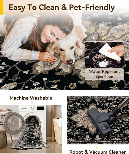 RELEANY Area Rugs Runner 3'x12' Washable Non-Slip, Floral Vintage Distress Medallion Carpet for Kitchen Hallway Bedroom Beside Laundry Room Bathroom, Black Brown Neutral Dark Tan