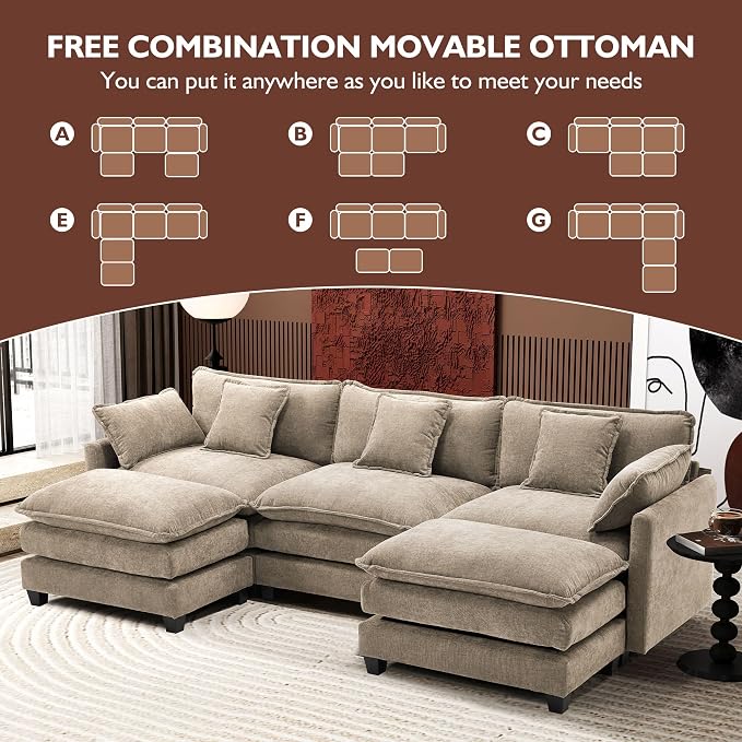 Ihanherry 111.4" U Shaped Modern Sofa Modular Sectional Luxurious and Comfortable with 2 Ottoman, 5-Seat Chenille Deep Seat Sofa with Pillow for Living Room, Bedroom and Apartment, Sand